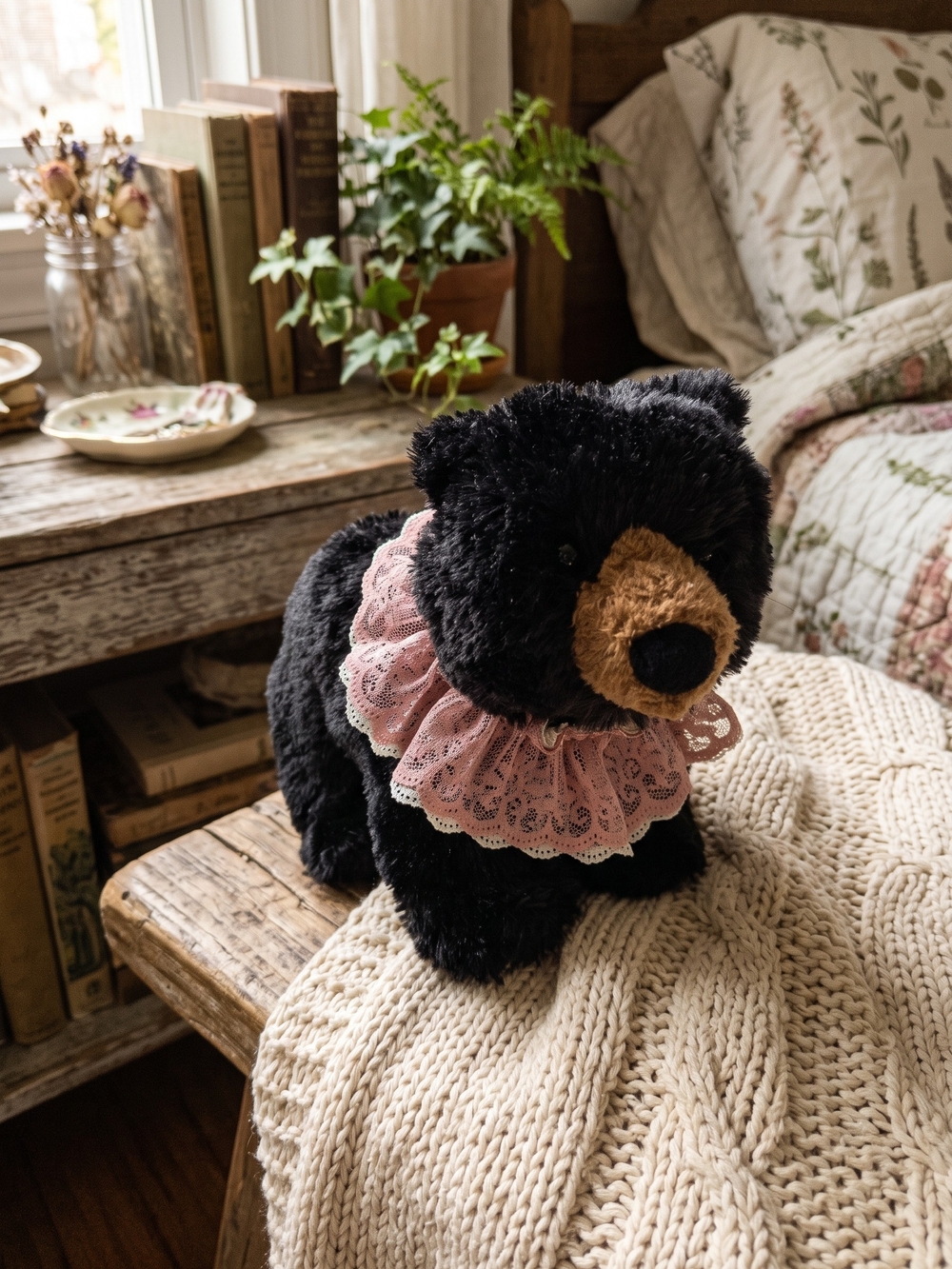 NWT RARE Douglas Cuddle Toys Charcoal Black Bear Plush Pink Lace Collar